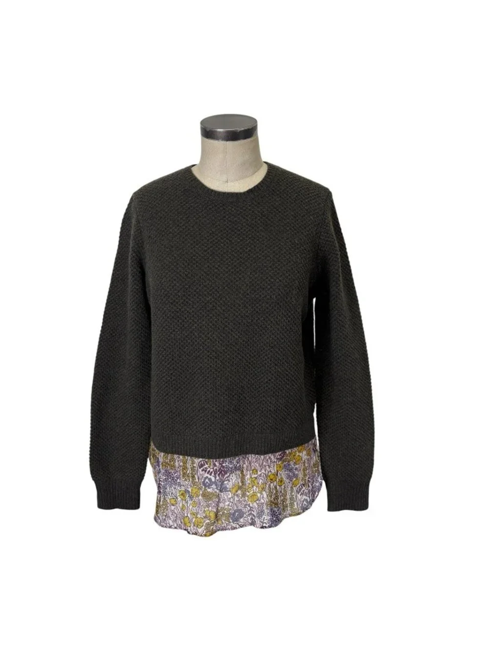 J Crew Wool Crewneck Sweater Silk Libery Floral Print Tail Medium Green B2388